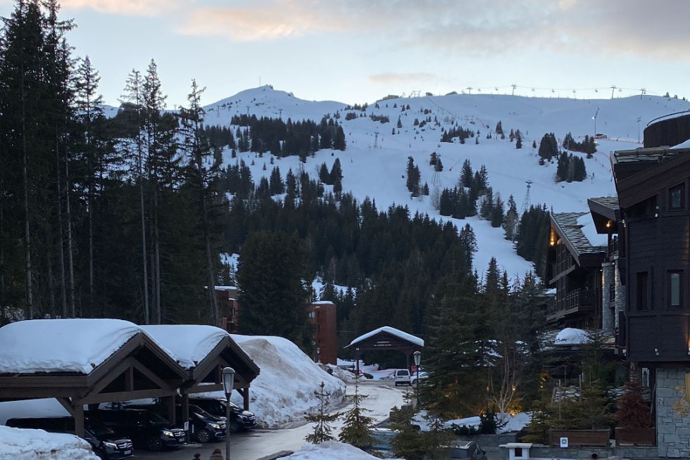 snow topped buildings
