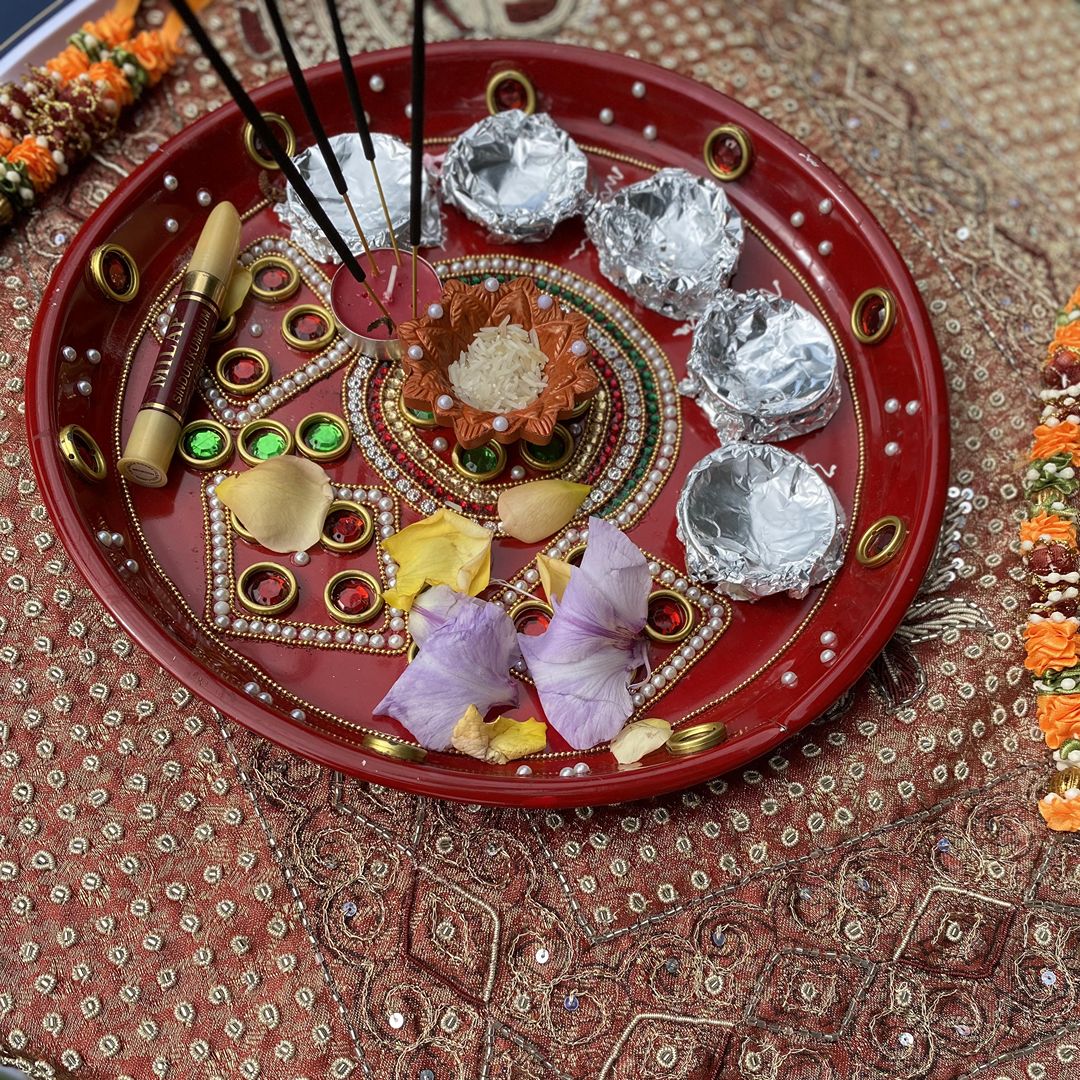 Traditional Indian puja thali prepared for Deepa and Steve’s multicultural wedding ceremony