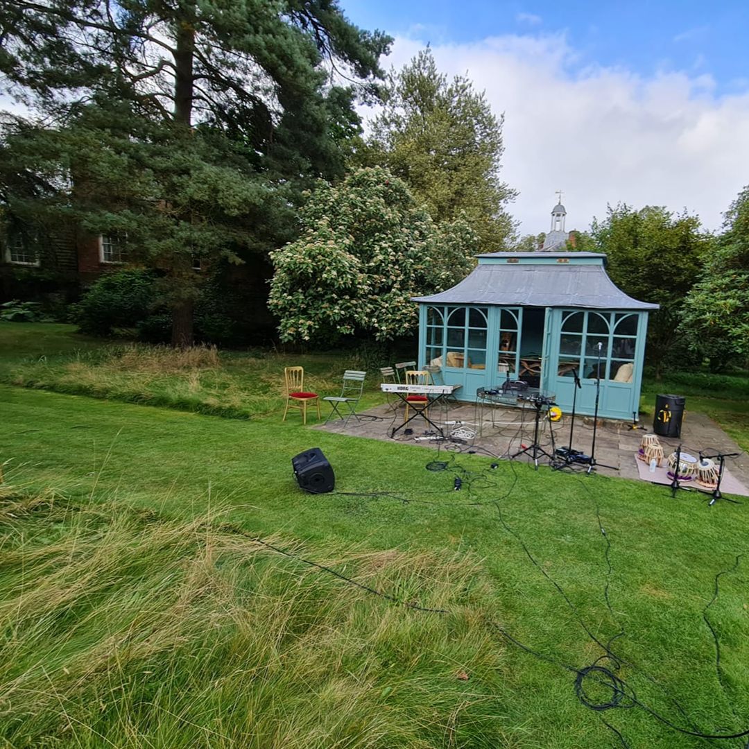 Outdoor garden ceremony venue prepared for Deepa and Steve’s wedding