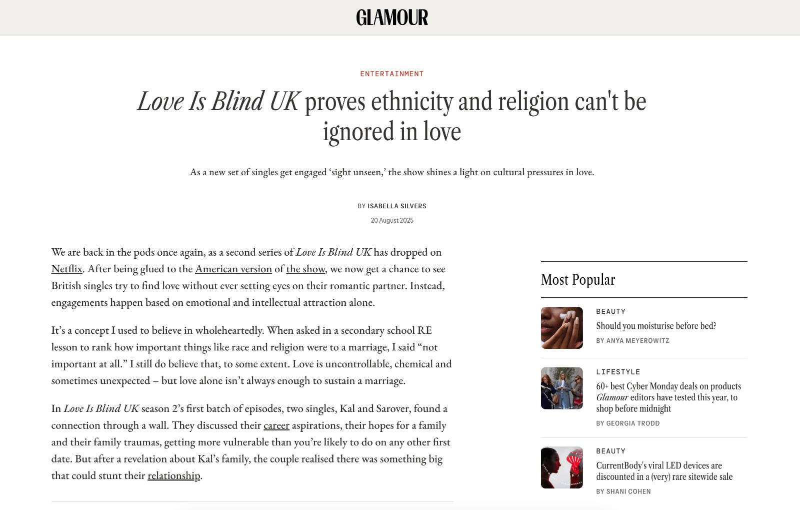 Glamour Magazine article about Love is Blind screenshot of text